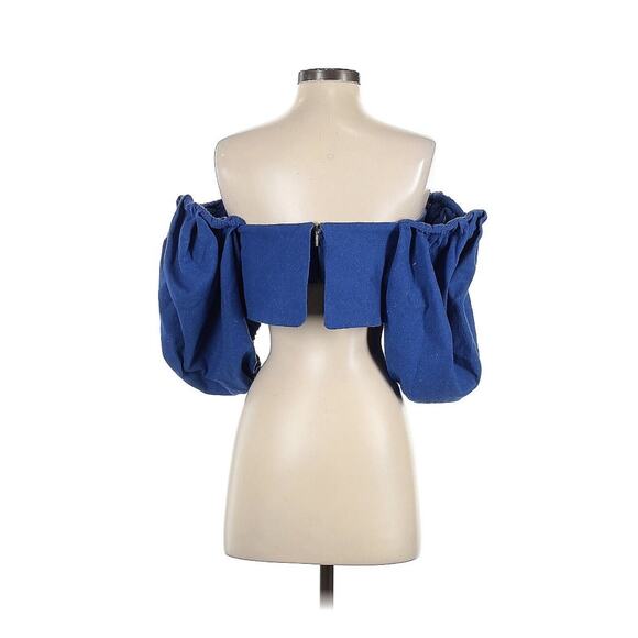 ALUF Blue Cotton Blend Off The Shoulder Puff Sleeve Crop Top Blue EU 36 US 4 - Picture 2 of 4